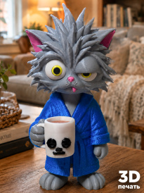Фигурка «Кот с кружкой» синем халате 3D-модель красное ухо