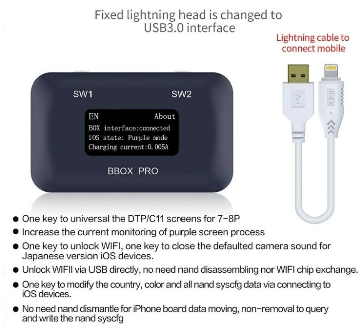 Программатор JC B-BOX Pro, для IOS A7-A11, DFU, фиолетовый режим