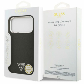 Чехол Guess с MagSafe для iPhone 17 Pro Max, зернистая кожа PU Triangle metal logo & Camera, черный
