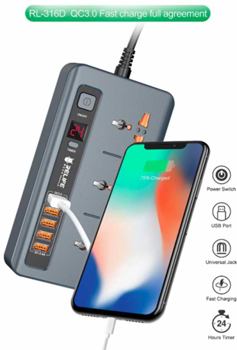 Сетевой удлинитель с таймером Relife RL-316D (5 USB + 3 розетки) 1.9 m (175*95*35 мм)