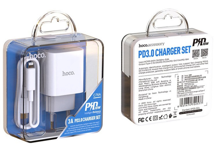 Зарядное устройство HOCO C76A Plus Speed source 20W PD 3.0 с кабелем Type-C to Lightning White