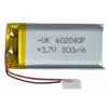Аккумулятор UK 602040P, универсальный, 800mAh, 3.7V, 6х20х40 мм, Li-Ion, 2 Pin