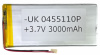Аккумулятор UK 0455110P, универсальный, 4х55х110 мм, Li-Ion, 3000mAh, 3.7V, 2 Pin